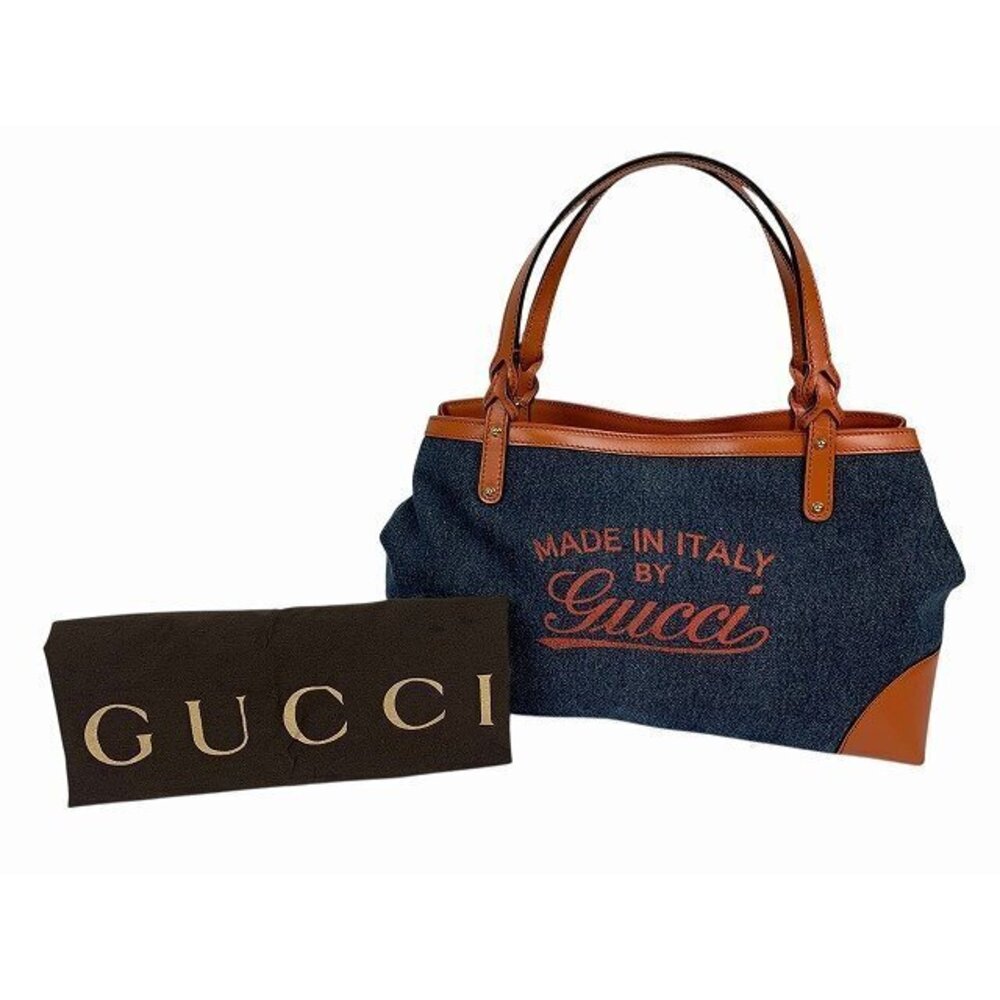 GUCCI Craft Denim Tote Handbag Navy Blue Terracotta